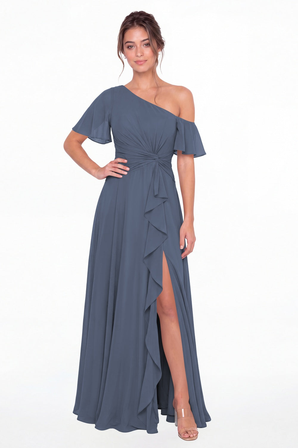 Steel Blue One Shoulder Flutter Sleeve Chiffon Slit Maxi Gown - Front View
