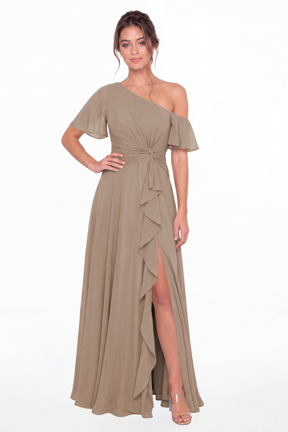 Taupe One Shoulder Flutter Sleeve Chiffon Slit Maxi Gown - Front View