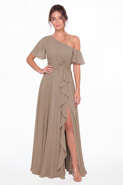 Taupe One Shoulder Flutter Sleeve Chiffon Slit Maxi Gown - Front View