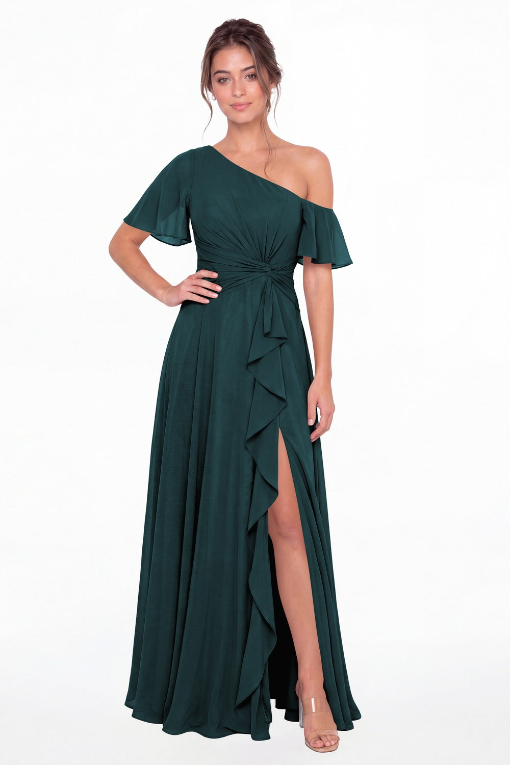 Teal One Shoulder Flutter Sleeve Chiffon Slit Maxi Gown - Front View
