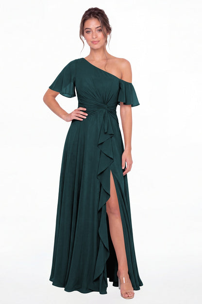 Teal One Shoulder Flutter Sleeve Chiffon Slit Maxi Gown - Front View