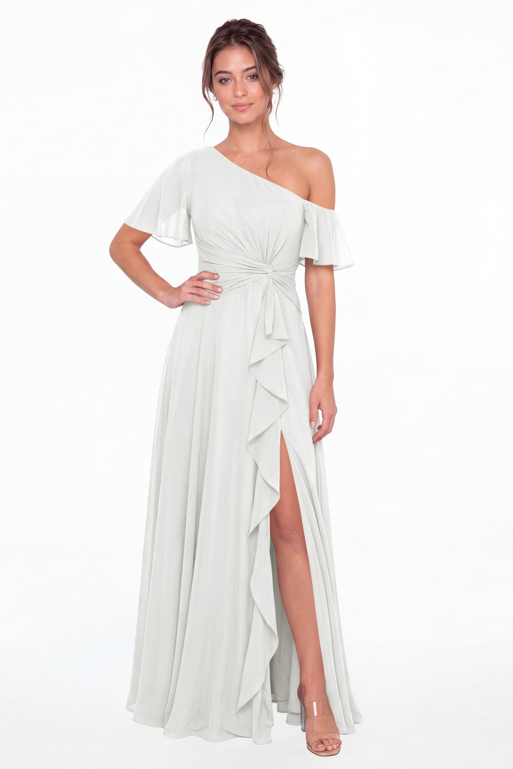 White One Shoulder Flutter Sleeve Chiffon Slit Maxi Gown - Front View