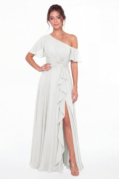 White One Shoulder Flutter Sleeve Chiffon Slit Maxi Gown - Front View