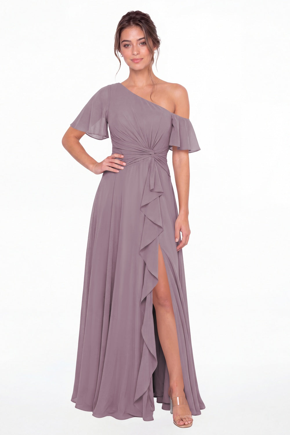 Wisteria One Shoulder Flutter Sleeve Chiffon Slit Maxi Gown - Front View