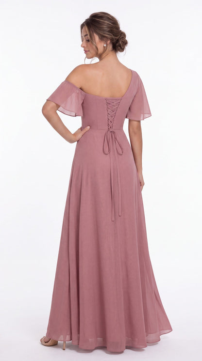 One Shoulder Flutter Sleeve Chiffon Slit Maxi Gown - Back View