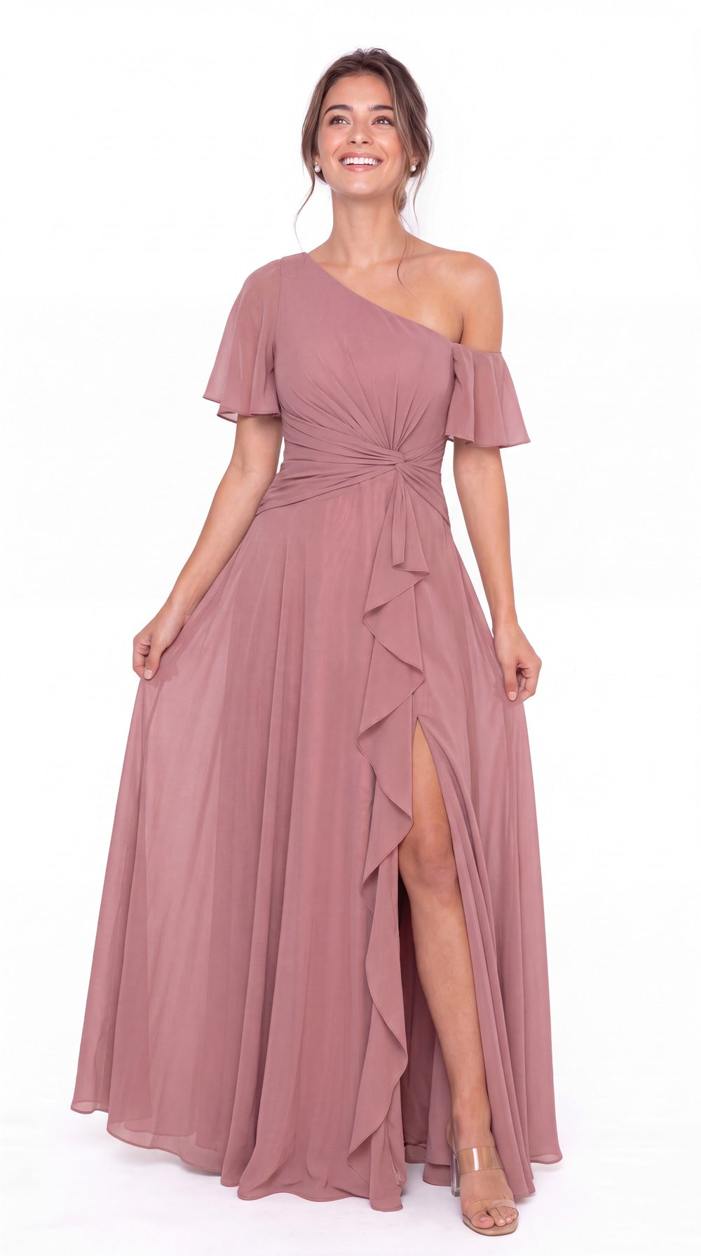 One Shoulder Flutter Sleeve Chiffon Slit Maxi Gown - Detail View 3