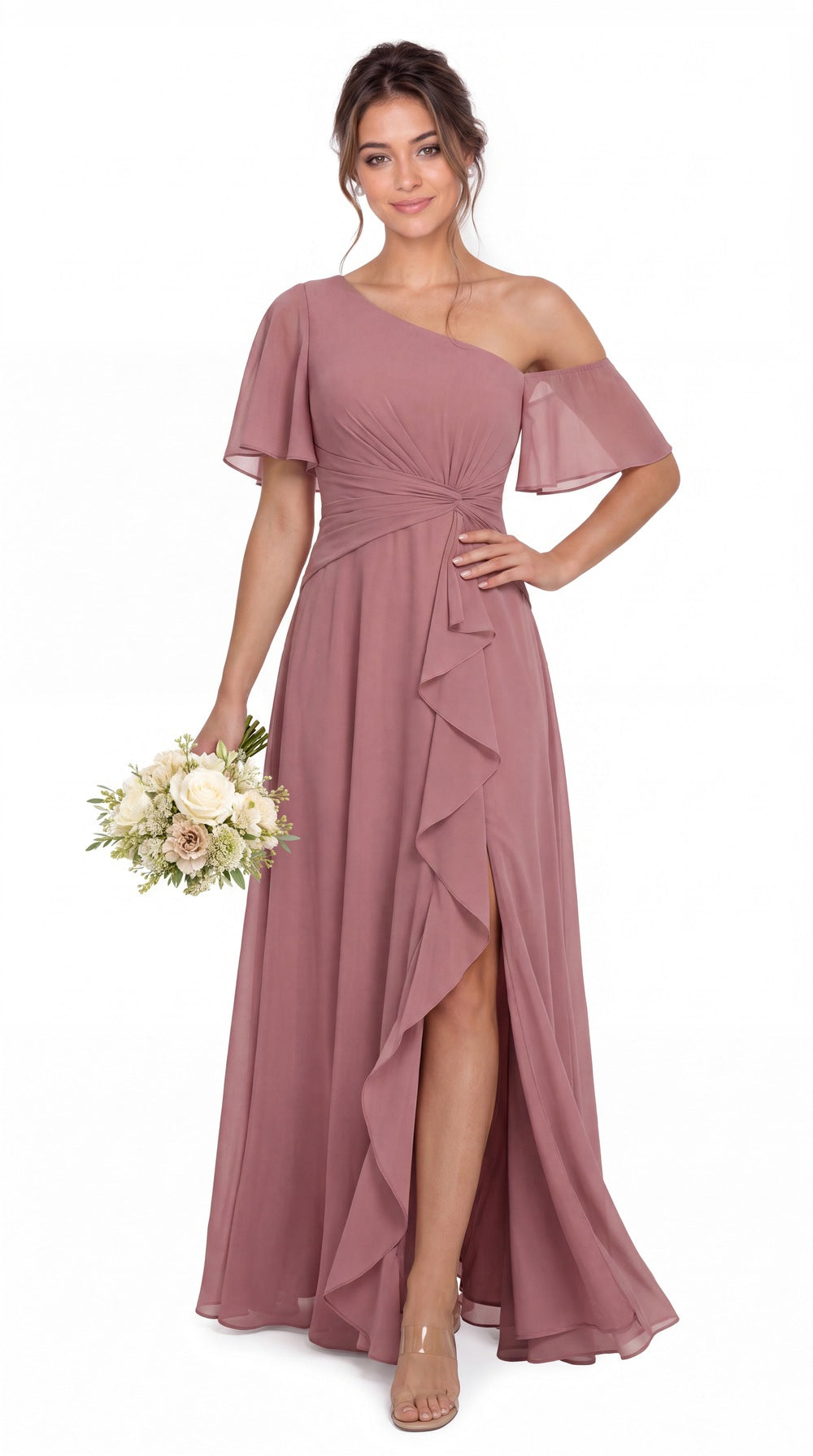 One Shoulder Flutter Sleeve Chiffon Slit Maxi Gown - Detail View 4