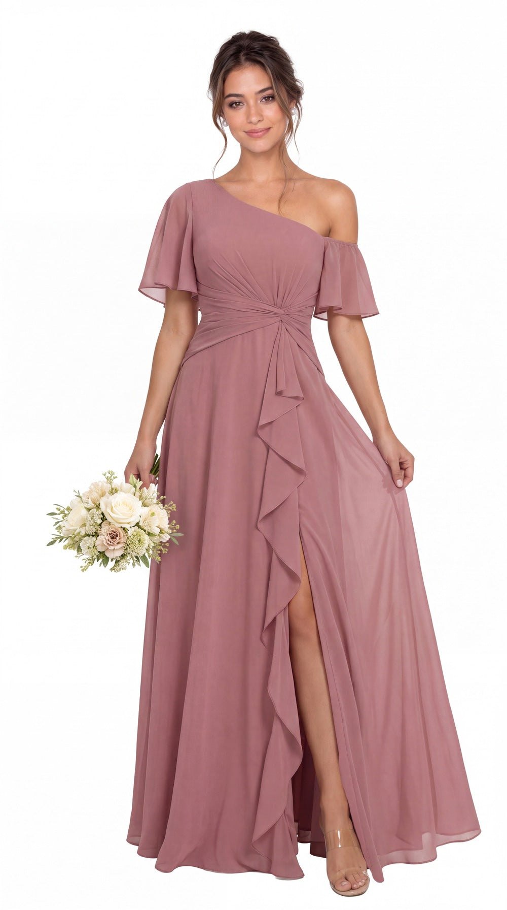 One Shoulder Flutter Sleeve Chiffon Slit Maxi Gown - Detail View 5