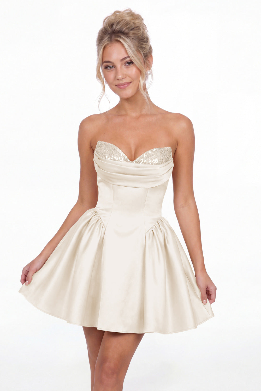 Ivory Strapless Sequin Mini Homecoming Dress - Front View