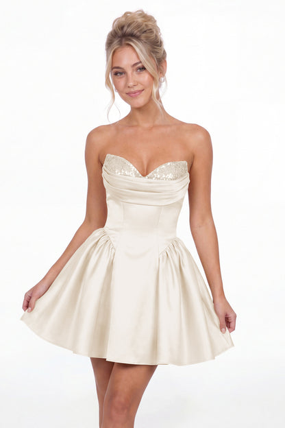 Ivory Strapless Sequin Mini Homecoming Dress - Front View