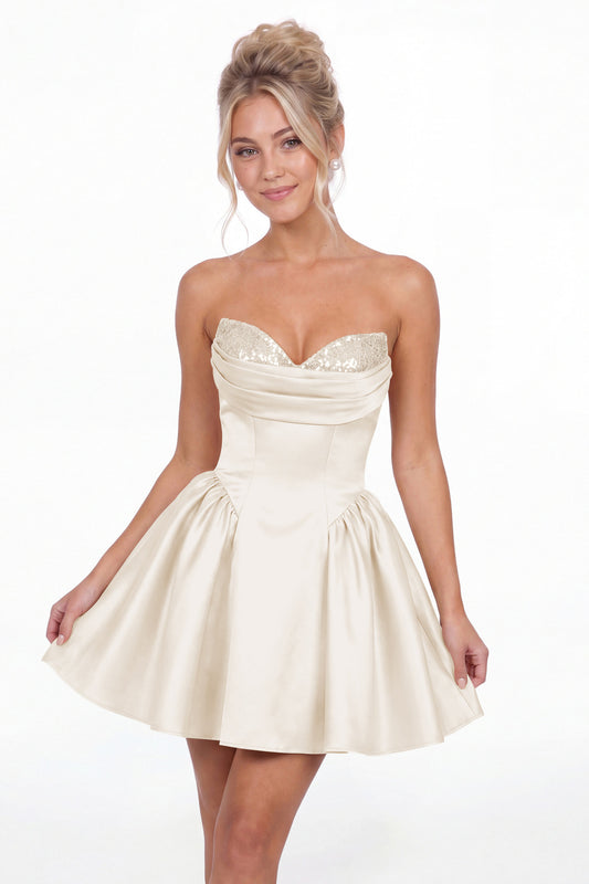 Ivory Strapless Sequin Mini Homecoming Dress - Front View