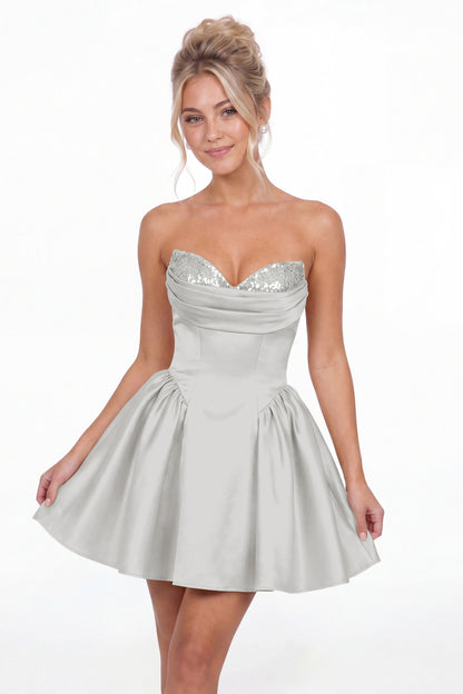 Silver Strapless Sequin Mini Homecoming Dress - Front View