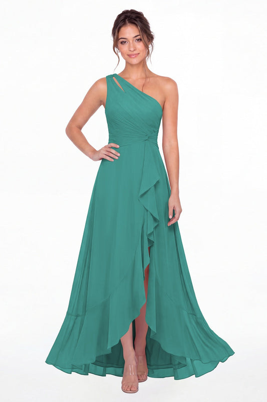 Aqua Blue One Shoulder Ruched Chiffon Ruffle Slit Maxi Gown - Front View