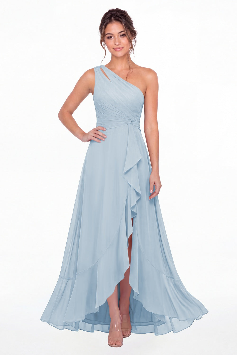 Baby Blue One Shoulder Ruched Chiffon Ruffle Slit Maxi Gown - Front View