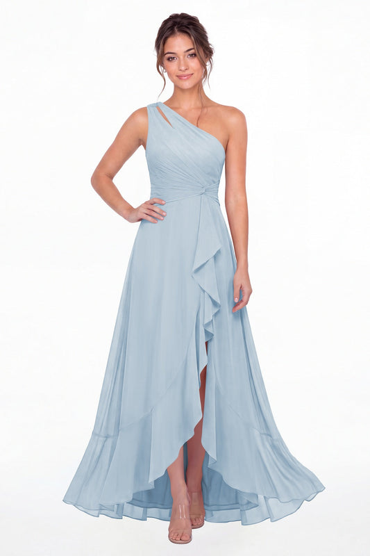 Baby Blue One Shoulder Ruched Chiffon Ruffle Slit Maxi Gown - Front View