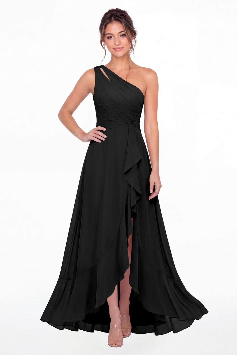 Black One Shoulder Ruched Chiffon Ruffle Slit Maxi Gown - Front View