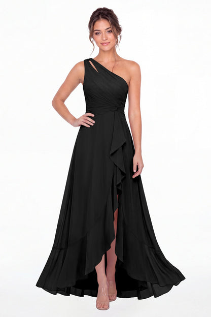 Black One Shoulder Ruched Chiffon Ruffle Slit Maxi Gown - Front View