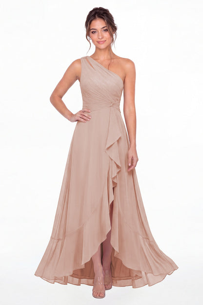 Blush Pink One Shoulder Ruched Chiffon Ruffle Slit Maxi Gown - Front View