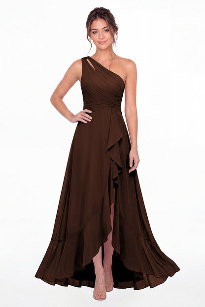 Brown One Shoulder Ruched Chiffon Ruffle Slit Maxi Gown - Front View