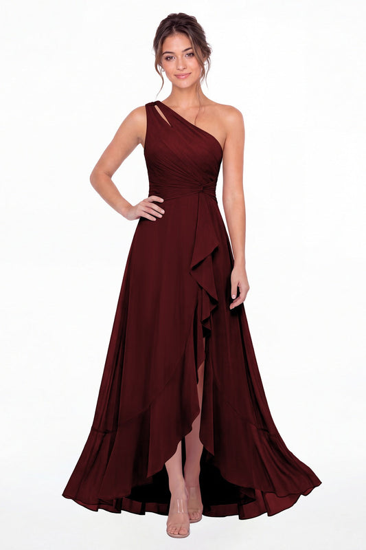Burgundy One Shoulder Ruched Chiffon Ruffle Slit Maxi Gown - Front View