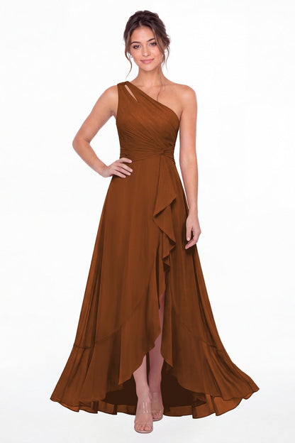 Burnt Orange One Shoulder Ruched Chiffon Ruffle Slit Maxi Gown - Front View