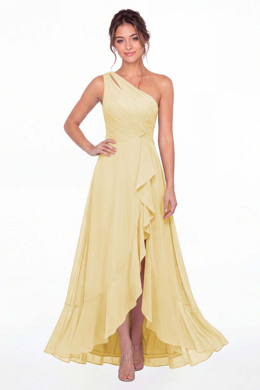 Butter Yellow One Shoulder Ruched Chiffon Ruffle Slit Maxi Gown - Front View