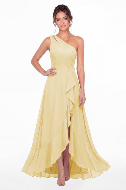 Butter Yellow One Shoulder Ruched Chiffon Ruffle Slit Maxi Gown - Front View