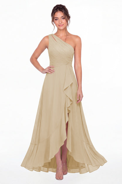 Champagne One Shoulder Ruched Chiffon Ruffle Slit Maxi Gown - Front View