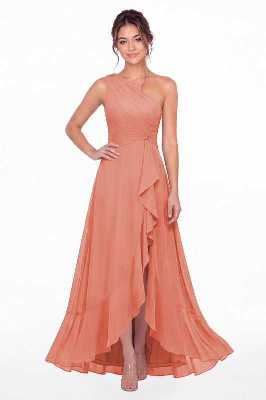 Coral One Shoulder Ruched Chiffon Ruffle Slit Maxi Gown - Front View