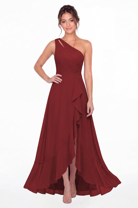 Desert Rose One Shoulder Ruched Chiffon Ruffle Slit Maxi Gown - Front View