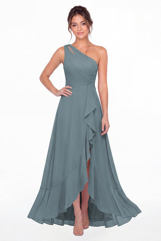 Dusty Blue One Shoulder Ruched Chiffon Ruffle Slit Maxi Gown - Front View
