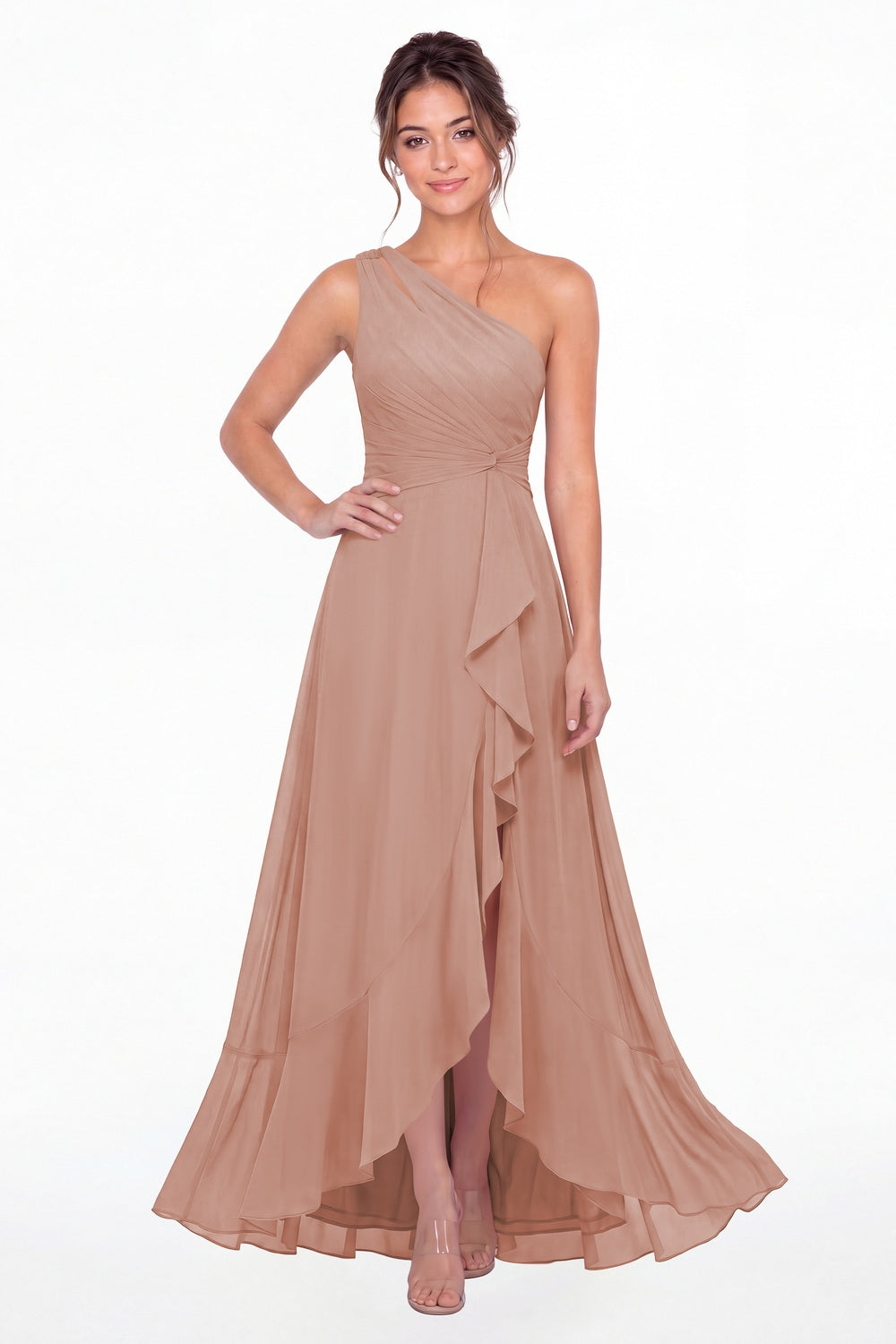 Dusty Rose One Shoulder Ruched Chiffon Ruffle Slit Maxi Gown - Front View