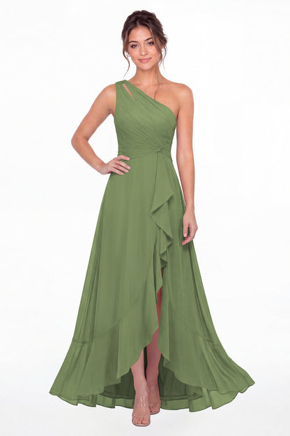 Dusty Sage One Shoulder Ruched Chiffon Ruffle Slit Maxi Gown - Front View