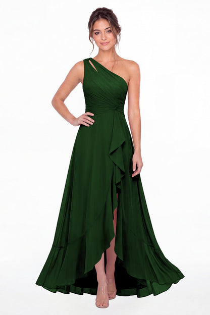 Emerald Green One Shoulder Ruched Chiffon Ruffle Slit Maxi Gown - Front View