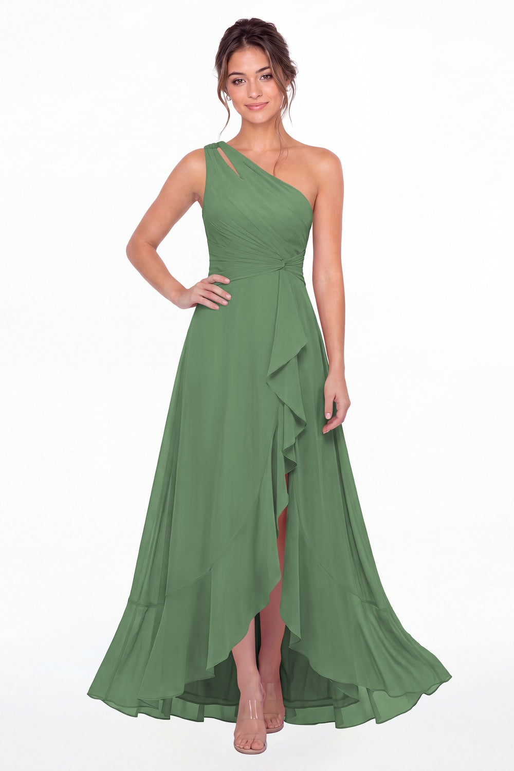 Eucalyptus One Shoulder Ruched Chiffon Ruffle Slit Maxi Gown - Front View