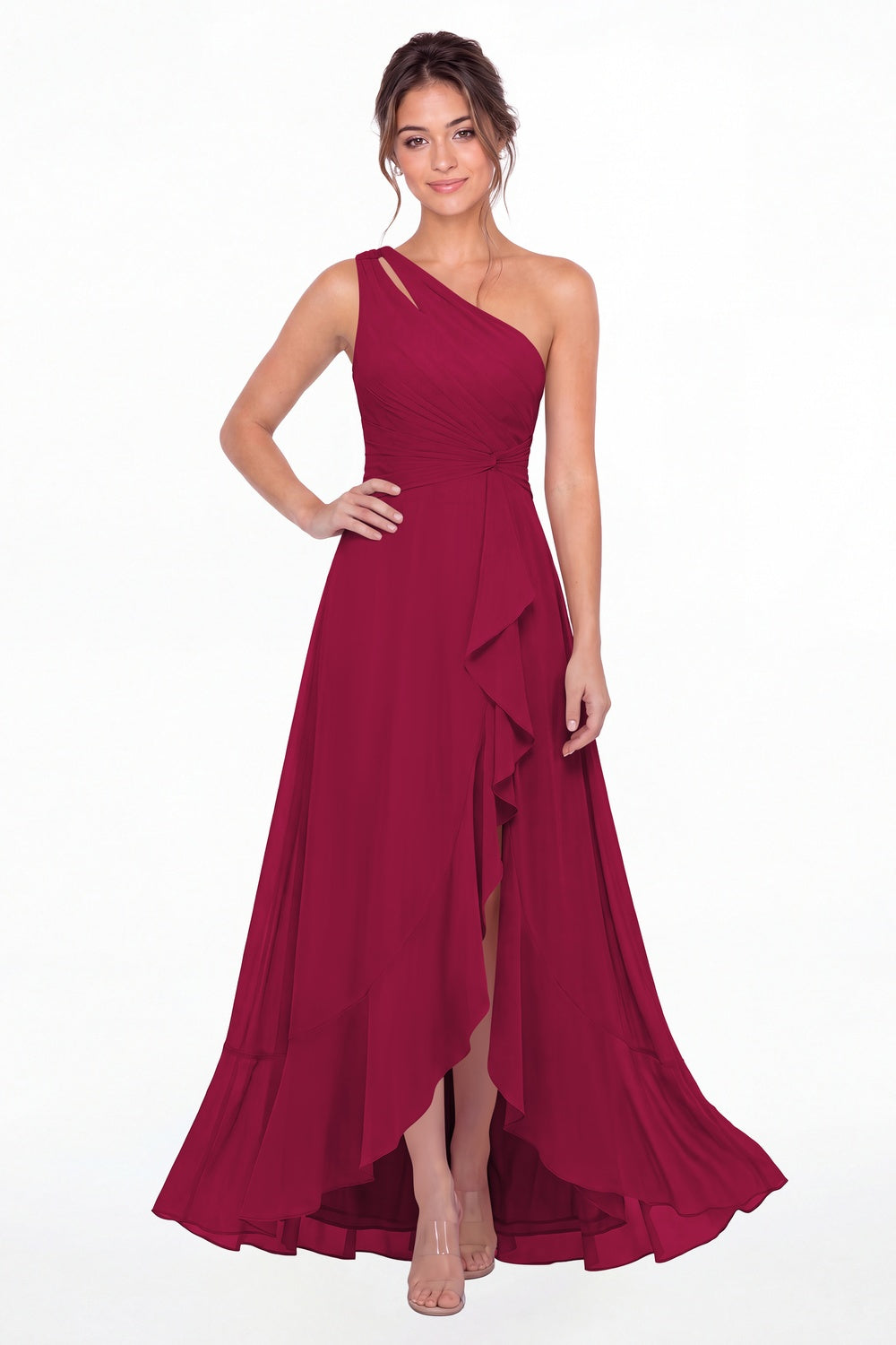 Fuchsia One Shoulder Ruched Chiffon Ruffle Slit Maxi Gown - Front View