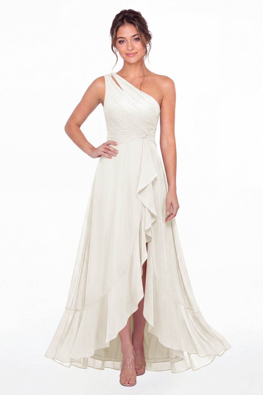 Ivory One Shoulder Ruched Chiffon Ruffle Slit Maxi Gown - Front View