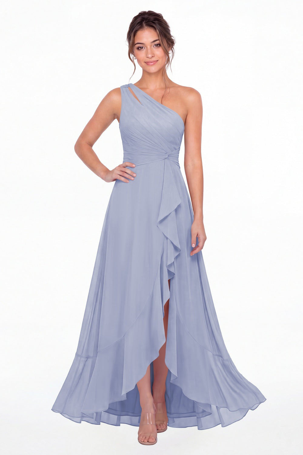 Lavender One Shoulder Ruched Chiffon Ruffle Slit Maxi Gown - Front View