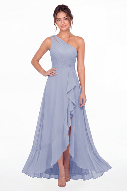 Lavender One Shoulder Ruched Chiffon Ruffle Slit Maxi Gown - Front View