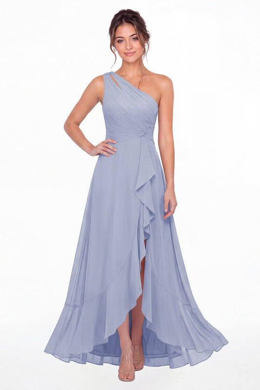 Lavender One Shoulder Ruched Chiffon Ruffle Slit Maxi Gown - Front View