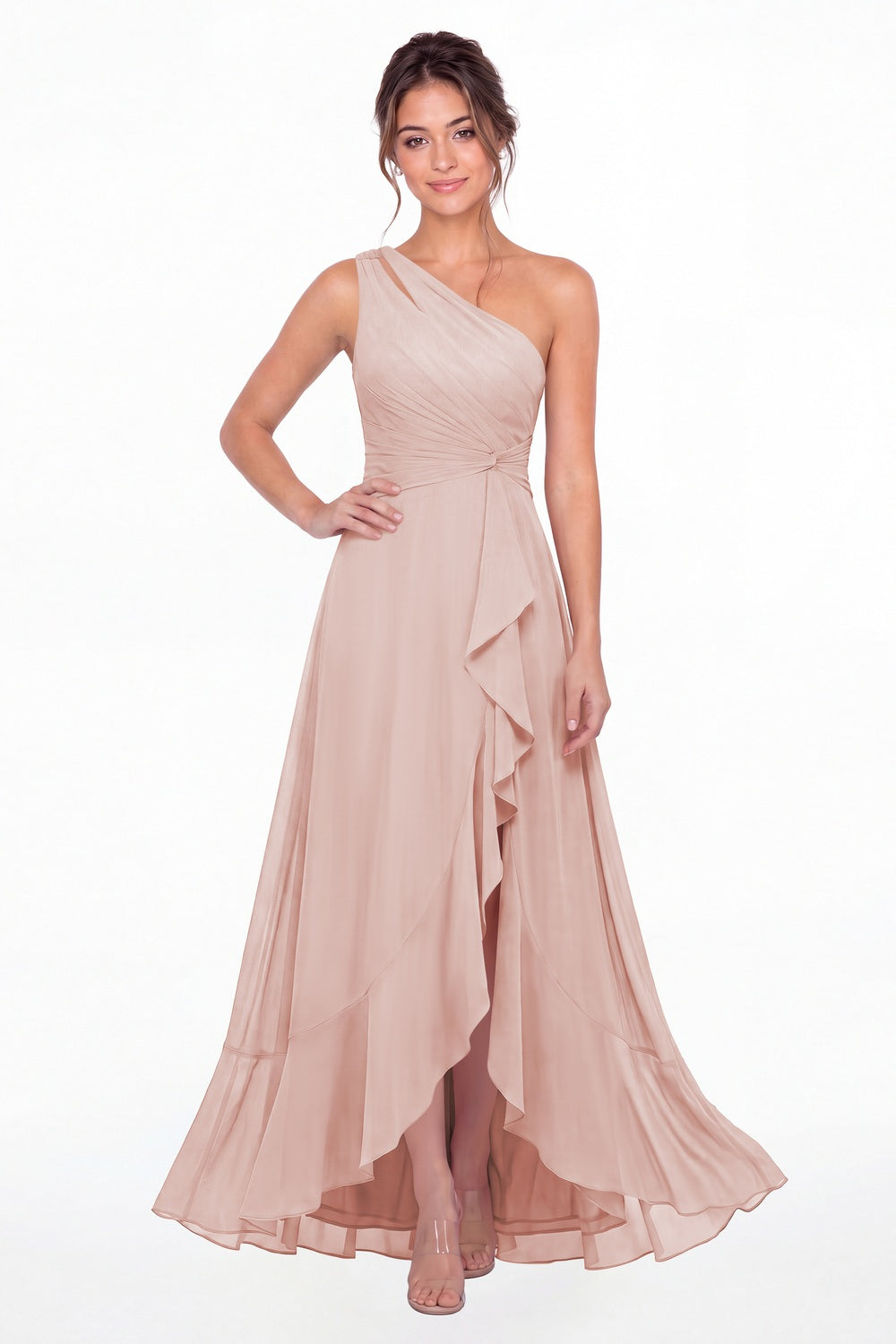 Light Pink One Shoulder Ruched Chiffon Ruffle Slit Maxi Gown - Front View