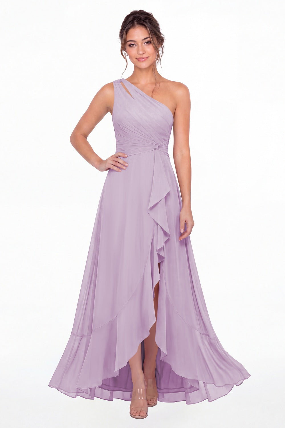 Lilac One Shoulder Ruched Chiffon Ruffle Slit Maxi Gown - Front View