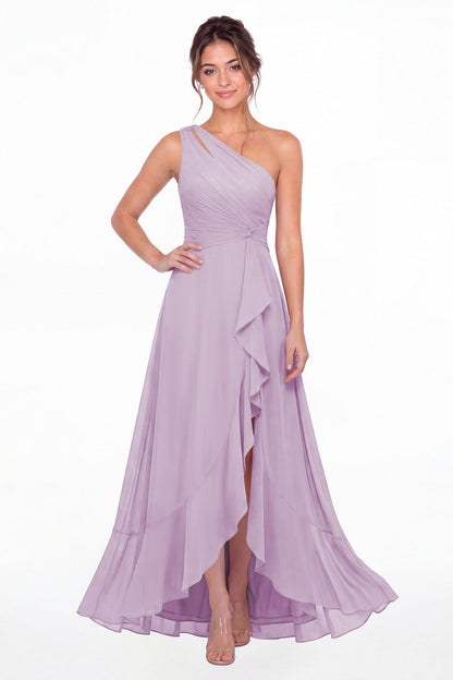 Lilac One Shoulder Ruched Chiffon Ruffle Slit Maxi Gown - Front View
