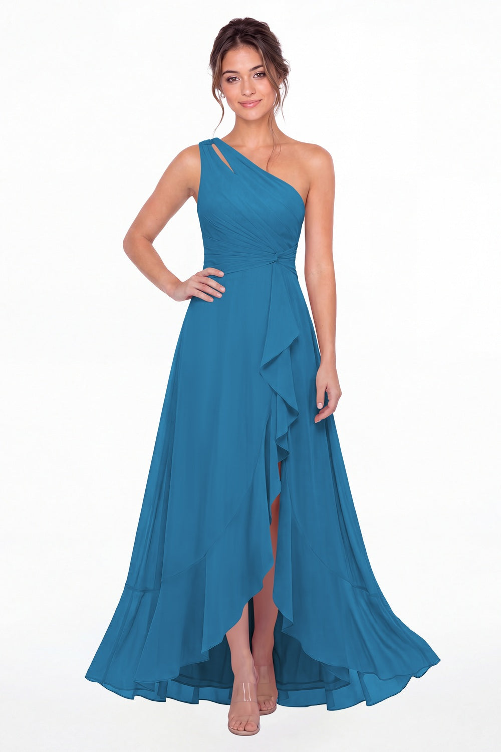 Ocean Blue One Shoulder Ruched Chiffon Ruffle Slit Maxi Gown - Front View