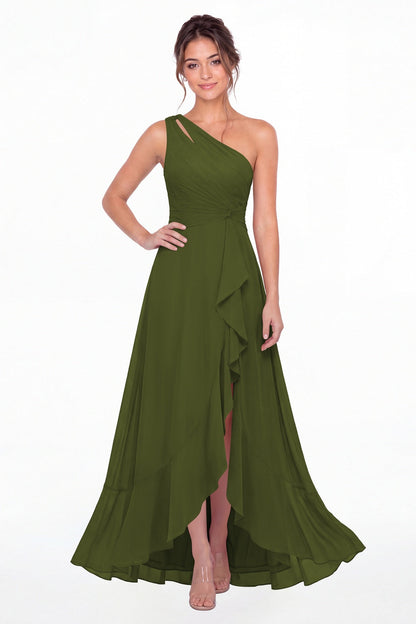 Olive Green One Shoulder Ruched Chiffon Ruffle Slit Maxi Gown - Front View