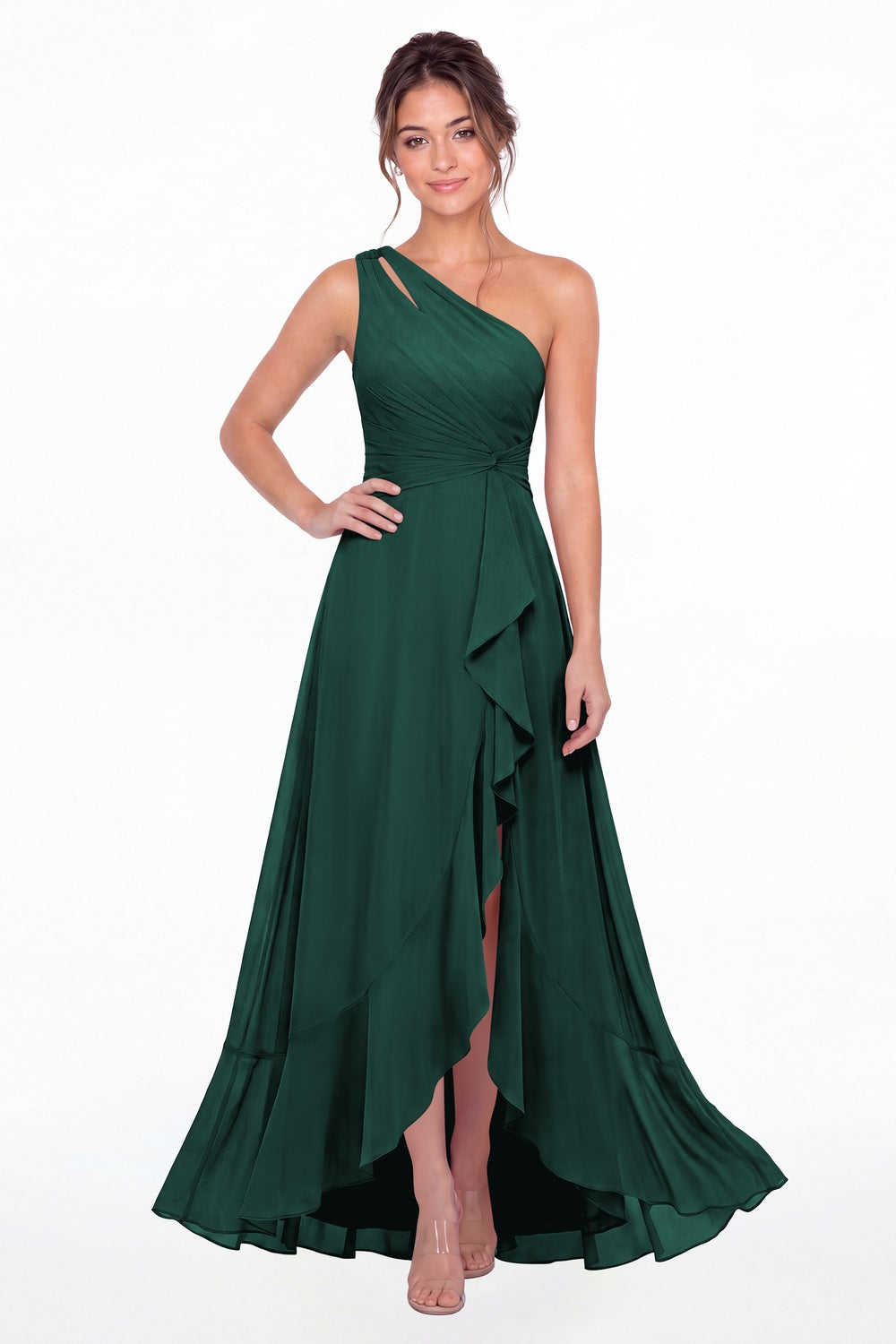 Peacock One Shoulder Ruched Chiffon Ruffle Slit Maxi Gown - Front View