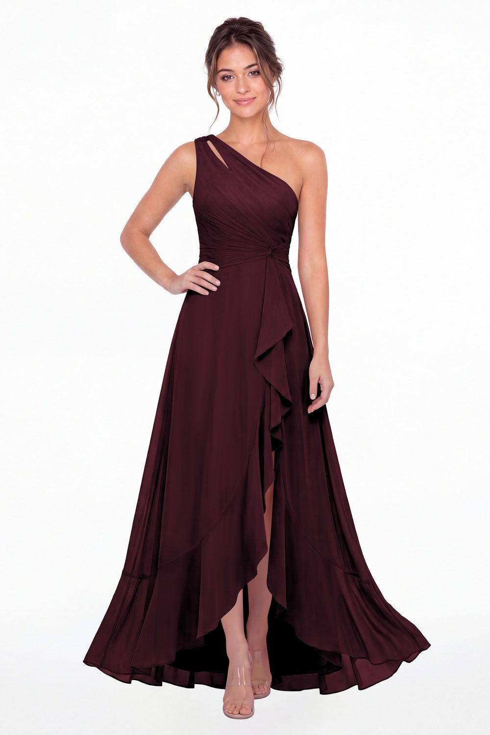 Plum One Shoulder Ruched Chiffon Ruffle Slit Maxi Gown - Front View