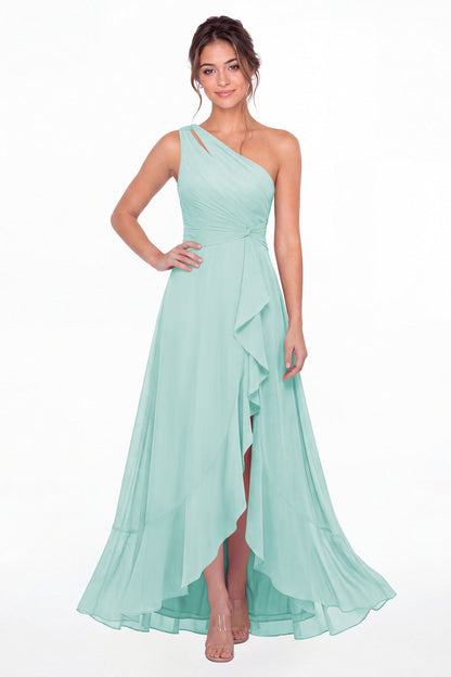 Powder Blue One Shoulder Ruched Chiffon Ruffle Slit Maxi Gown - Front View