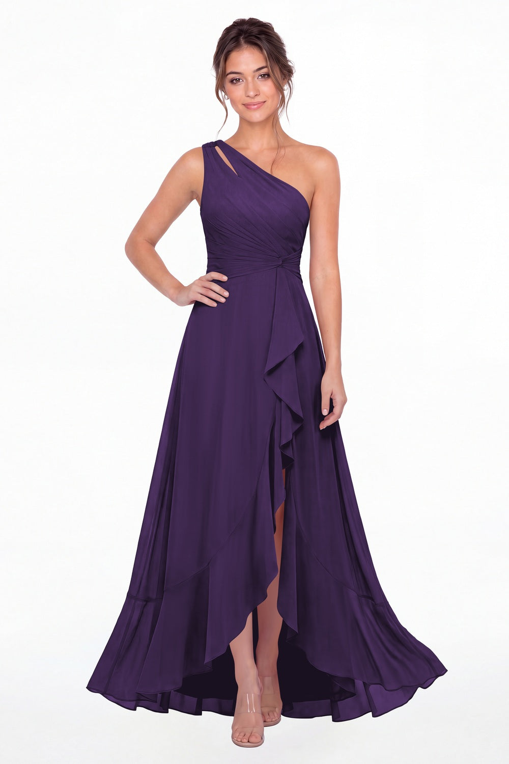 Purple One Shoulder Ruched Chiffon Ruffle Slit Maxi Gown - Front View