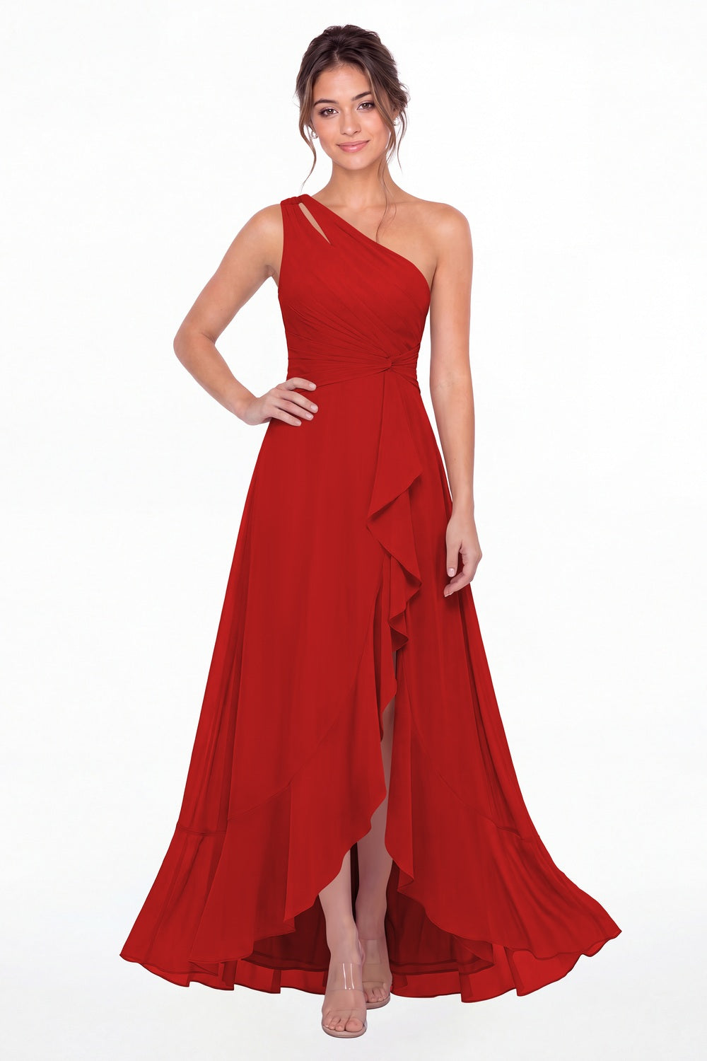 Red One Shoulder Ruched Chiffon Ruffle Slit Maxi Gown - Front View